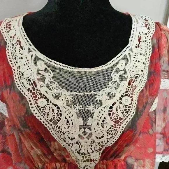 Free People Daydreamer Batwing Crotchet Lace Trim Multicolored Sheer Top S - Picture 4 of 15